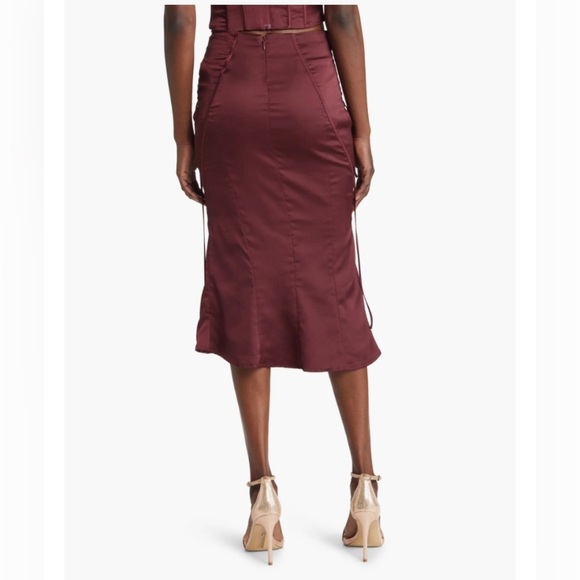 HOUSE OF CB Sidonie Lace-Up Satin Trumpet Midi Skirt wine color Small - Picture 2 of 10